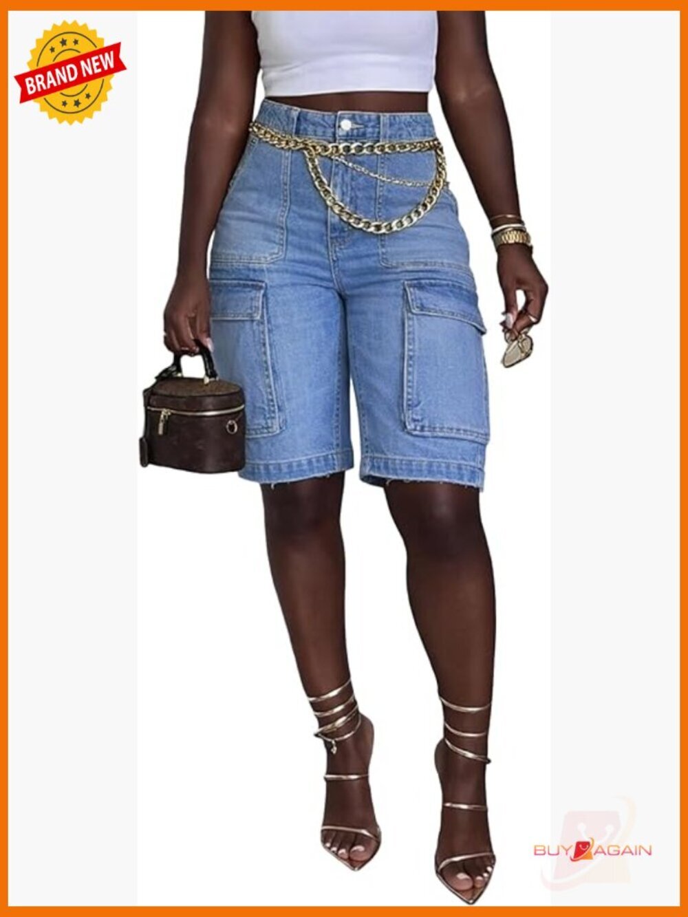 High Waist Denim Shorts Straight Leg Raw Hem with Pockets